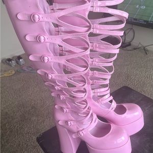 Pink platform strappy boots